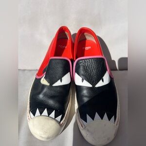 Fendi Black Leather Monster Slip-On Sneakers with Pink Trim